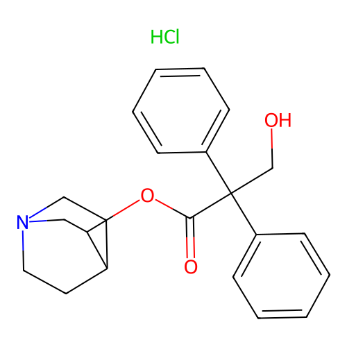Propionic acid, 2,2-diphenyl-3-hydroxy-, 3-quinuclidinyl ester, hydrochloride structure