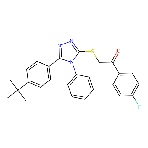 1-(4-fluorophenyl)-2-[[4-phenyl-5-(4-tert-butylphenyl)-1,2,4-triazol-3-yl]sulfanyl]ethanone structure