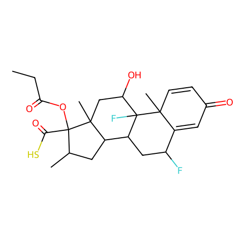 6,9-difluoro-11-hydroxy-10,13,16-trimethyl-3-oxo-17-propanoyloxy-6,7,8,11,12,14,15,16-octahydrocyclopenta[a]phenanthrene-17-carbothioic S-acid structure