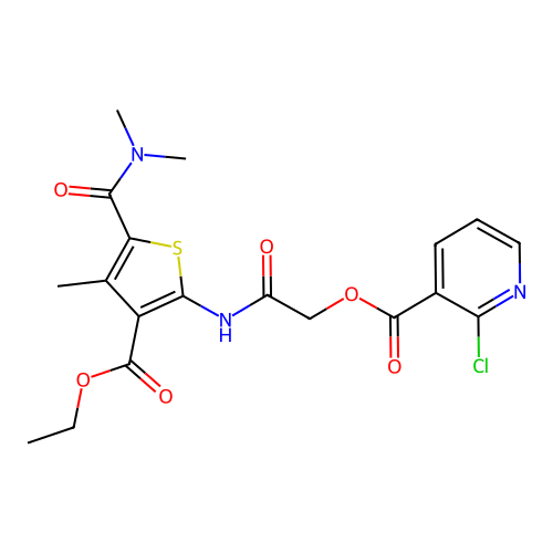 [2-[[5-(dimethylcarbamoyl)-3-ethoxycarbonyl-4-methylthiophen-2-yl]amino]-2-oxoethyl] 2-chloropyridine-3-carboxylate structure
