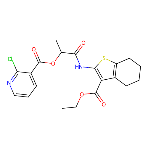[1-[(3-ethoxycarbonyl-4,5,6,7-tetrahydro-1-benzothiophen-2-yl)amino]-1-oxopropan-2-yl] 2-chloropyridine-3-carboxylate structure