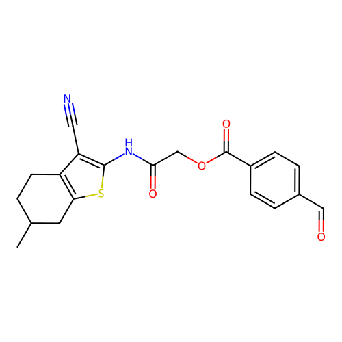 [2-[(3-cyano-6-methyl-4,5,6,7-tetrahydro-1-benzothiophen-2-yl)amino]-2-oxoethyl] 4-formylbenzoate structure