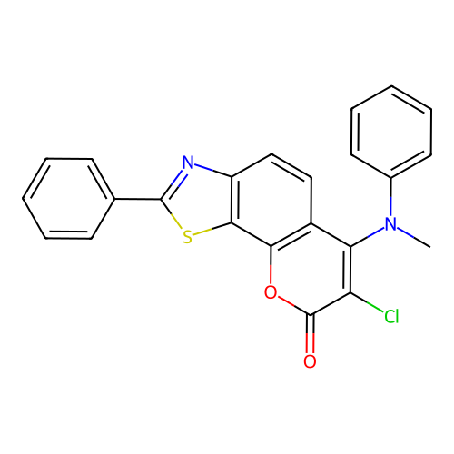 7-chloro-6-(N-methylanilino)-2-phenylpyrano[3,2-g][1,3]benzothiazol-8-one structure