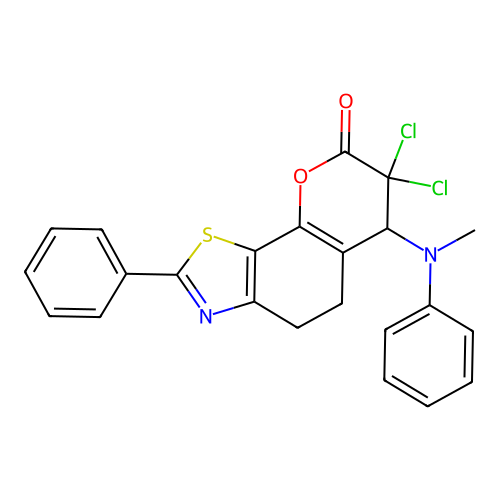 7,7-dichloro-6-(N-methylanilino)-2-phenyl-5,6-dihydro-4H-pyrano[3,2-g][1,3]benzothiazol-8-one structure