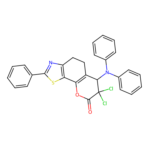 7,7-dichloro-2-phenyl-6-(N-phenylanilino)-5,6-dihydro-4H-pyrano[3,2-g][1,3]benzothiazol-8-one structure