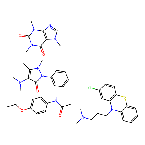 Aminopyrine mixture with chlorpromazine, caffeine and phenacetin structure