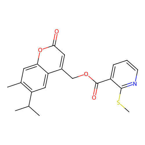 (7-methyl-2-oxo-6-propan-2-ylchromen-4-yl)methyl 2-methylsulfanylpyridine-3-carboxylate structure