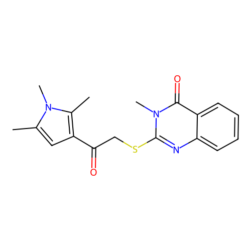3-methyl-2-((2-oxo-2-(1,2,5-trimethyl-1H-pyrrol-3-yl)ethyl)thio)quinazolin-4(3H)-one structure