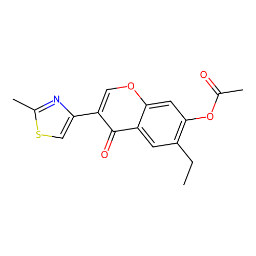 Chromone, 6-ethyl-7-hydroxy-3-(2-methylthiazol-4-yl)-, acetate (ester) structure