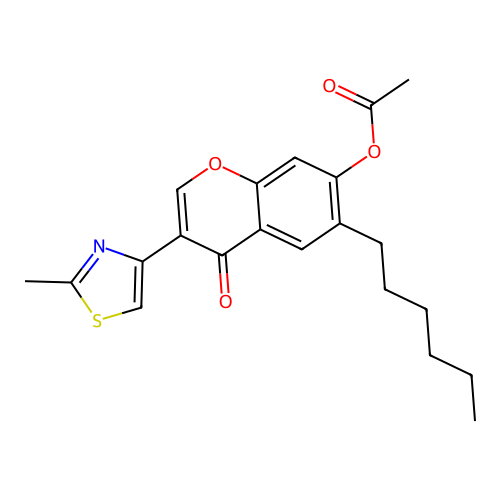 Chromone, 6-hexyl-7-hydroxy-3-(2-methylthiazol-4-yl)-, acetate (ester) structure