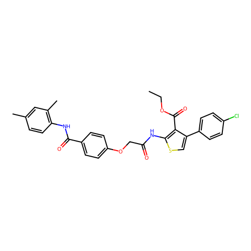 ethyl 4-(4-chlorophenyl)-2-[[2-[4-[(2,4-dimethylphenyl)carbamoyl]phenoxy]acetyl]amino]thiophene-3-carboxylate structure