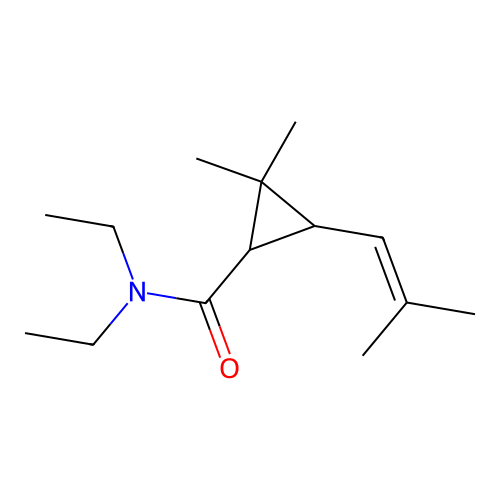 N,N-diethyl-2,2-dimethyl-3-(2-methylprop-1-enyl)cyclopropane-1-carboxamide structure