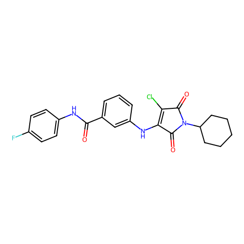 3-[(4-chloro-1-cyclohexyl-2,5-dioxo-pyrrol-3-yl)amino]-N-(4-fluorophenyl)benzamide structure