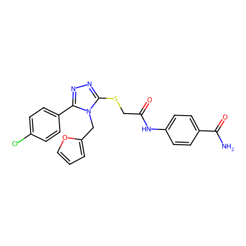 4-{2-[5-(4-chlorophenyl)-4-(2-furylmethyl)-1,2,4-triazol-3-ylthio]acetylamino} benzamide structure