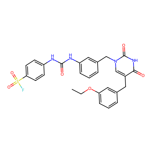 4-[[3-[[5-[(3-ethoxyphenyl)methyl]-2,4-dioxopyrimidin-1-yl]methyl]phenyl]carbamoylamino]benzenesulfonyl fluoride structure