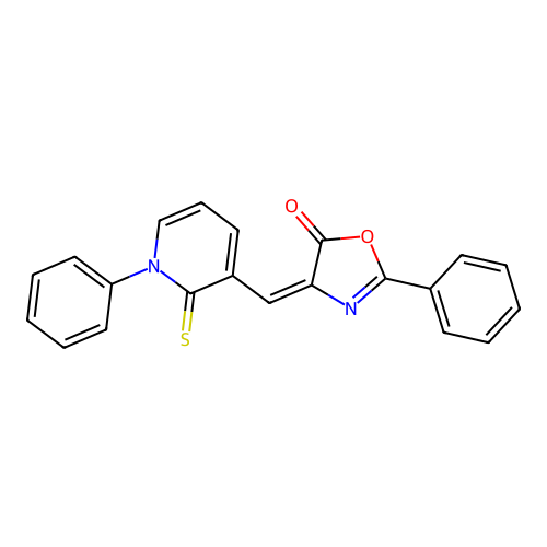 (4E)-2-phenyl-4-[(1-phenyl-2-sulfanylidenepyridin-3-yl)methylidene]-1,3-oxazol-5-one structure