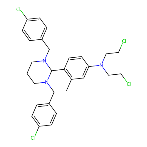 4-[1,3-bis[(4-chlorophenyl)methyl]-1,3-diazinan-2-yl]-N,N-bis(2-chloroethyl)-3-methylaniline structure