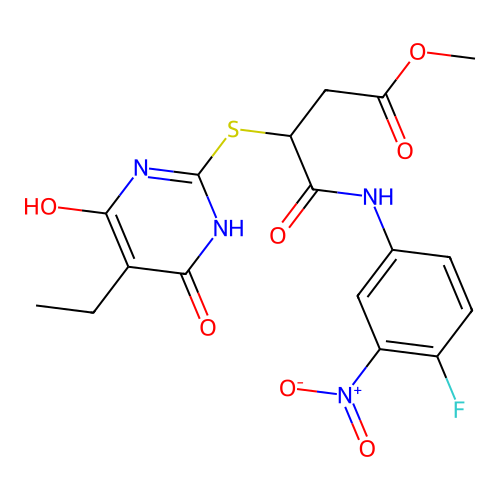 methyl 3-[(5-ethyl-4,6-dihydroxypyrimidin-2-yl)sulfanyl]-4-[(4-fluoro-3-nitrophenyl)amino]-4-oxobutanoate structure