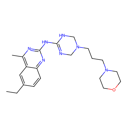 6-ethyl-4-methyl-N-{5-[3-(morpholin-4-yl)propyl]-1,4,5,6-tetrahydro-1,3,5-triazin-2-yl}quinazolin-2-amine structure