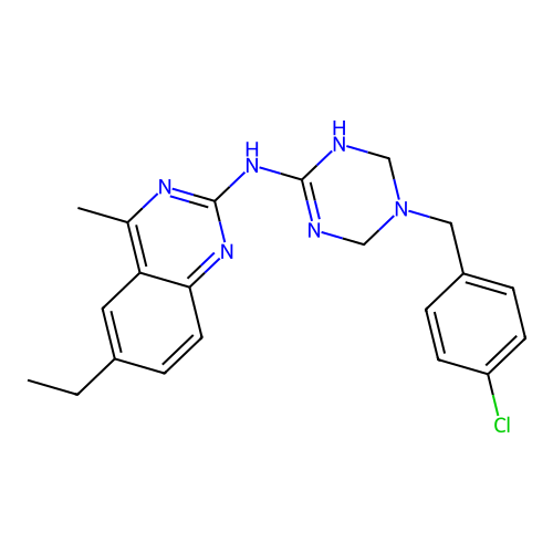 N-[5-(4-chlorobenzyl)-1,4,5,6-tetrahydro-1,3,5-triazin-2-yl]-6-ethyl-4-methylquinazolin-2-amine structure