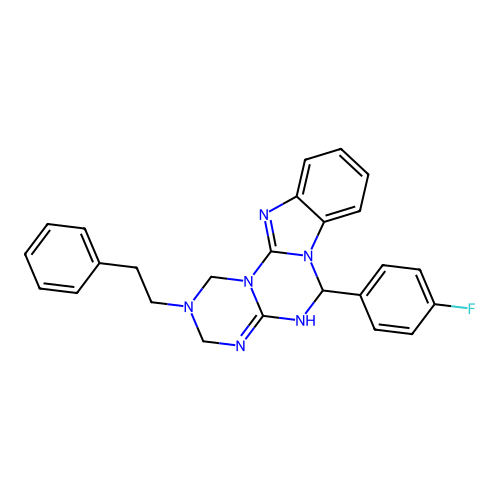 6-(4-fluorophenyl)-2-(2-phenylethyl)-2,3,4,6-tetrahydro-1H-[1,3,5]triazino[1',2':3,4][1,3,5]triazino[1,2-a]benzimidazole structure