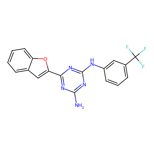 6-(1-benzofuran-2-yl)-N-(3-(trifluoromethyl)phenyl)-1,3,5-triazine-2,4-diamine structure