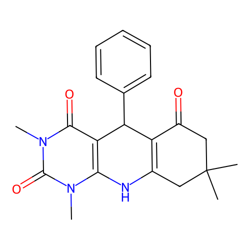 1,3,8,8-tetramethyl-5-phenyl-5,8,9,10-tetrahydropyrimido[4,5-b]quinoline-2,4,6(1H,3H,7H)-trione structure