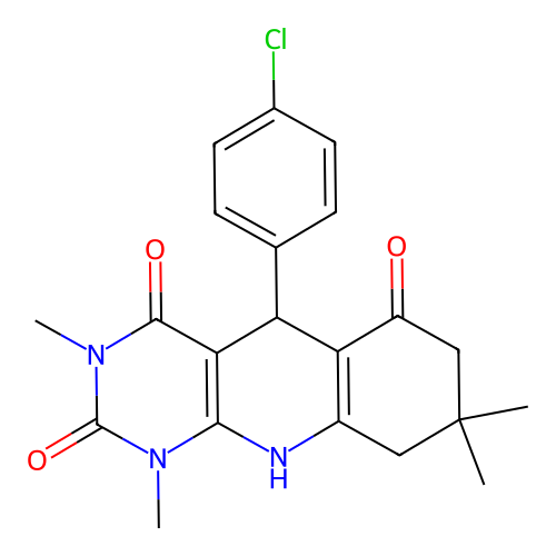 5-(4-chlorophenyl)-1,3,8,8-tetramethyl-5,8,9,10-tetrahydropyrimido[4,5-b]quinoline-2,4,6(1H,3H,7H)-trione structure