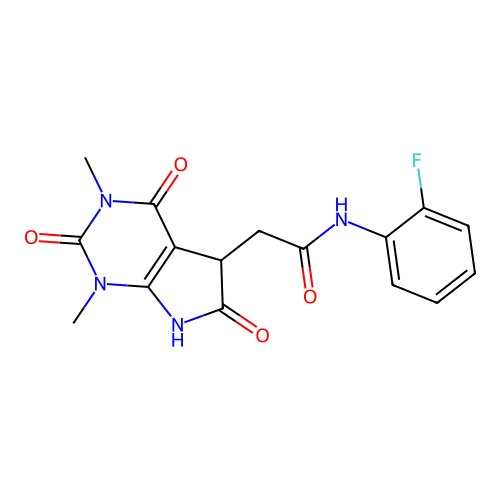 2-(1,3-dimethyl-2,4,6-trioxo-2,3,4,5,6,7-hexahydro-1H-pyrrolo[2,3-d]pyrimidin-5-yl)-N-(2-fluorophenyl)acetamide structure