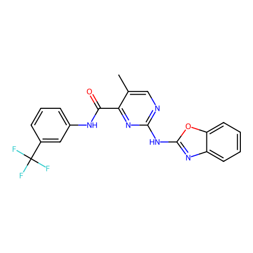 2-(1,3-benzoxazol-2-ylamino)-5-methyl-N-[3-(trifluoromethyl)phenyl]pyrimidine-4-carboxamide structure
