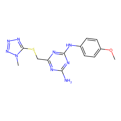 2-N-(4-methoxyphenyl)-6-[(1-methyltetrazol-5-yl)sulfanylmethyl]-1,3,5-triazine-2,4-diamine structure