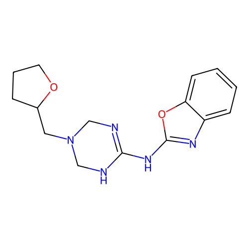 N-[5-(tetrahydrofuran-2-ylmethyl)-1,4,5,6-tetrahydro-1,3,5-triazin-2-yl]-1,3-benzoxazol-2-amine structure