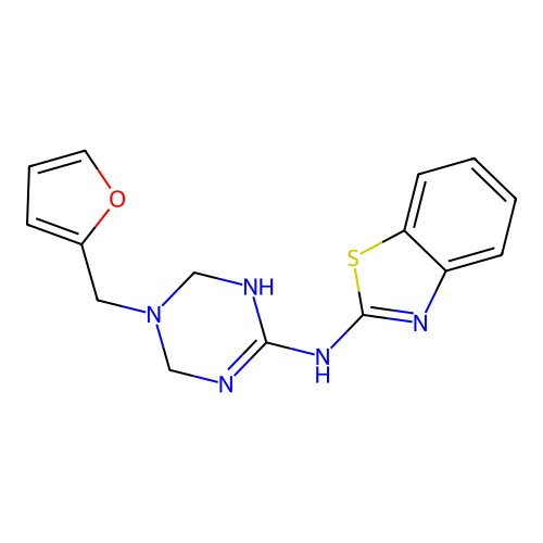 N-[(2Z)-1,3-benzothiazol-2(3H)-ylidene]-5-(furan-2-ylmethyl)-1,4,5,6-tetrahydro-1,3,5-triazin-2-amine structure