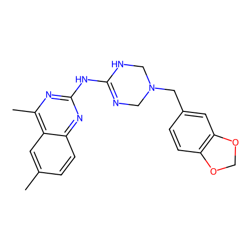 N-[5-(1,3-benzodioxol-5-ylmethyl)-1,4,5,6-tetrahydro-1,3,5-triazin-2-yl]-4,6-dimethyl-2-quinazolinamine structure