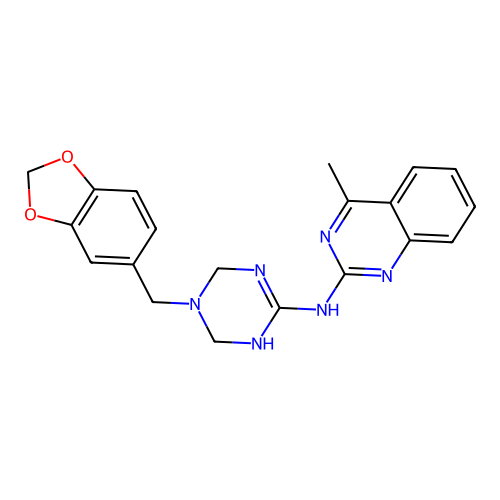 N-[5-(1,3-benzodioxol-5-ylmethyl)-1,4,5,6-tetrahydro-1,3,5-triazin-2-yl]-4-methylquinazolin-2-amine structure