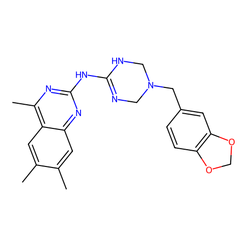 N-[5-(1,3-benzodioxol-5-ylmethyl)-1,4,5,6-tetrahydro-1,3,5-triazin-2-yl]-4,6,7-trimethylquinazolin-2-amine structure