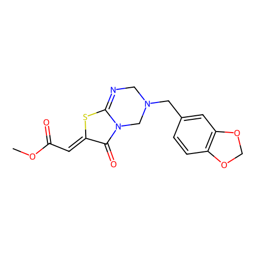 methyl (2Z)-[3-(1,3-benzodioxol-5-ylmethyl)-6-oxo-3,4-dihydro-2H-[1,3]thiazolo[3,2-a][1,3,5]triazin-7(6H)-ylidene]ethanoate structure