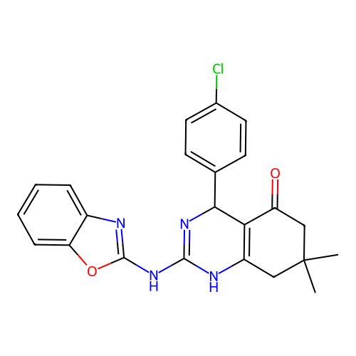 2-(1,3-benzoxazol-2-ylamino)-4-(4-chlorophenyl)-7,7-dimethyl-4,6,7,8-tetrahydroquinazolin-5(1H)-one structure