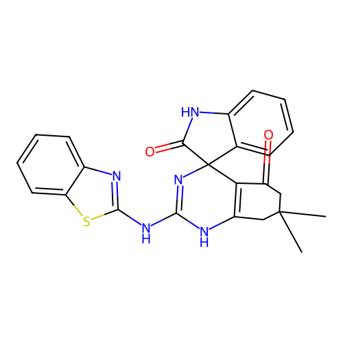 2'-(1,3-benzothiazol-2-ylamino)-5'-hydroxy-7',7'-dimethyl-7',8'-dihydro-6'H-spiro[indole-3,4'-quinazolin]-2(1H)-one structure