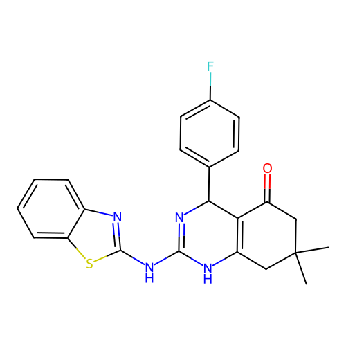 2-(1,3-benzothiazol-2-ylamino)-4-(4-fluorophenyl)-7,7-dimethyl-4,6,7,8-tetrahydroquinazolin-5(1H)-one structure