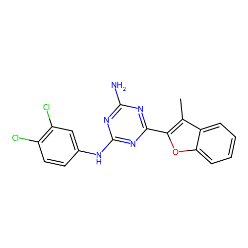 N-(3,4-dichlorophenyl)-6-(3-methyl-1-benzofuran-2-yl)-1,3,5-triazine-2,4-diamine structure