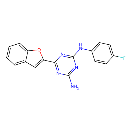 6-(1-benzofuran-2-yl)-N-(4-fluorophenyl)-1,3,5-triazine-2,4-diamine structure