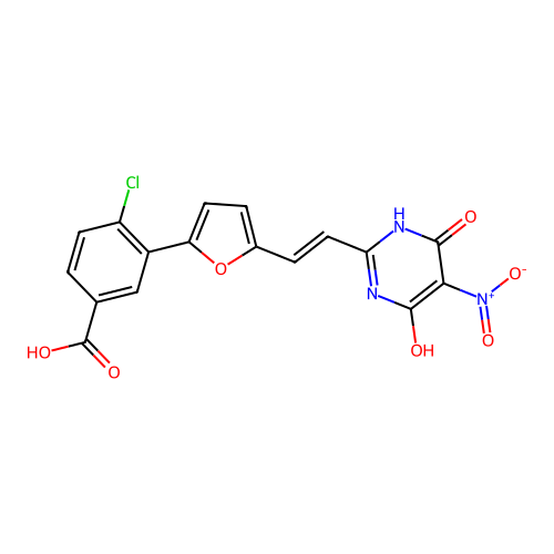 (E)-4-chloro-3-(5-(2-(4-hydroxy-5-nitro-6-oxo-1,6-dihydropyrimidin-2-yl)vinyl)furan-2-yl)benzoic acid structure