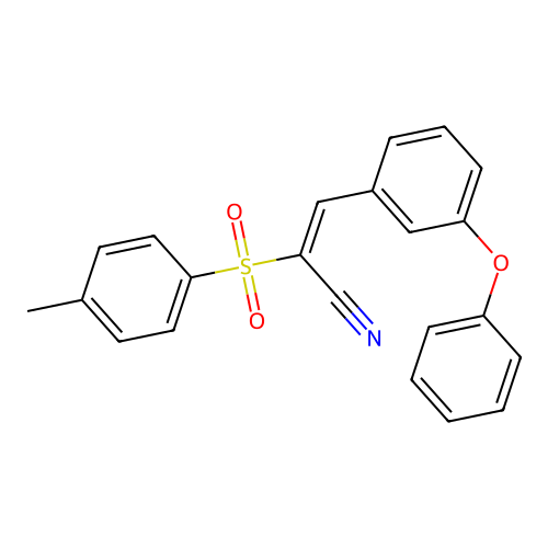 (E)-2-(4-methylphenyl)sulfonyl-3-(3-phenoxyphenyl)prop-2-enenitrile structure