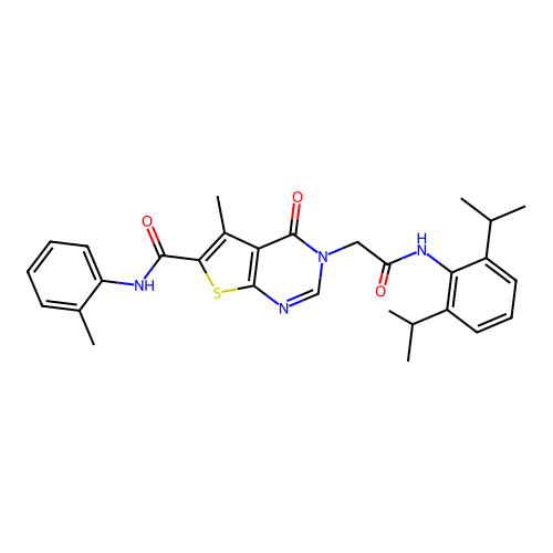 N-[2,6-Bis(1-methylethyl)phenyl]-5-methyl-6-[[(2-methylphenyl)amino]carbonyl]-4-oxothieno[2,3-d]pyrimidine-3(4H)-acetamide structure
