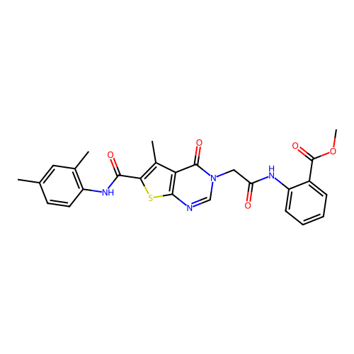 Methyl 2-[[2-[6-[[(2,4-dimethylphenyl)amino]carbonyl]-5-methyl-4-oxothieno[2,3-d]pyrimidin-3(4H)-yl]acetyl]amino]benzoate structure