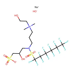Sodio(2-hydroxyethyl)(3-((2-hydroxy-3-sulphonatopropyl)((tridecafluorohexyl)sulphonyl)amino)propyl)dimethylammonium hydroxide structure