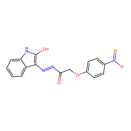 N-(aza(2-oxoindolin-3-ylidene)methyl)-2-(4-nitrophenoxy)ethanamide structure
