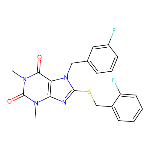7-[(3-fluorophenyl)methyl]-8-[(2-fluorophenyl)methylsulfanyl]-1,3-dimethylpurine-2,6-dione structure