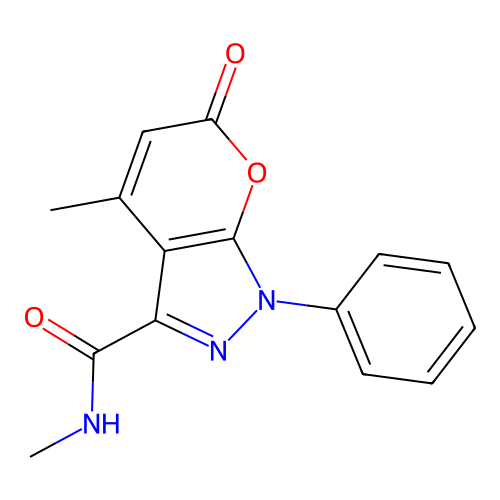 N,4-dimethyl-6-oxo-1-phenylpyrano[2,3-c]pyrazole-3-carboxamide structure